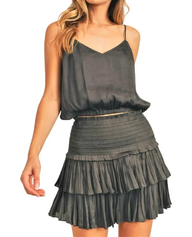 Silky Smocking Layered Skirt In Charcoal